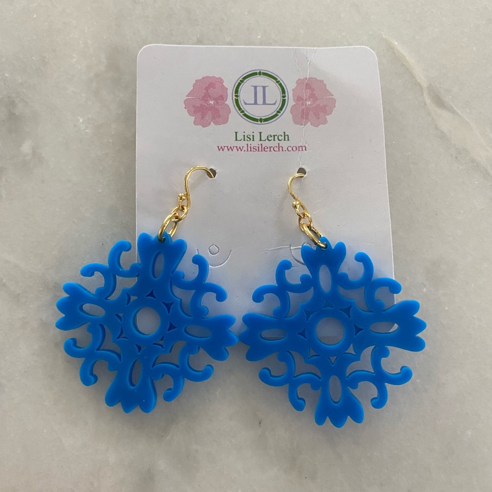 New! Lisi Lerch Blue Acrylic Medallion Earrings.